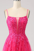Laden Sie das Bild in den Galerie-Viewer, Fuchsia A-Linie Korsett Spitze Langes Ballkleid mit Schlitz
