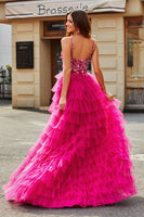 Laden Sie das Bild in den Galerie-Viewer, Wunderschönes A-Linie Spaghettiträger Fuchsia langes Ballkleid mit Applikationen und Rüschen