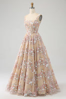 Laden Sie das Bild in den Galerie-Viewer, Luxuriöses champagner Korsett Ballkleid mit quadratischem Ausschnitt und Applikationen