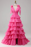 Laden Sie das Bild in den Galerie-Viewer, Prinzessin A-Linie V-Ausschnitt fuchsia Ballkleid mit Schlitz