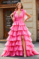 Laden Sie das Bild in den Galerie-Viewer, Prinzessin A-Linie V-Ausschnitt fuchsia gestuftes Ballkleid mit Schlitz