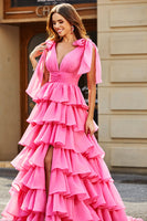 Laden Sie das Bild in den Galerie-Viewer, Prinzessin A-Linie V-Ausschnitt fuchsia gestuftes Ballkleid mit Schlitz