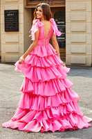 Laden Sie das Bild in den Galerie-Viewer, Prinzessin A-Linie V-Ausschnitt fuchsia gestuftes Ballkleid mit Schlitz