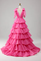 Laden Sie das Bild in den Galerie-Viewer, Prinzessin A-Linie V-Ausschnitt fuchsia Ballkleid mit Schlitz
