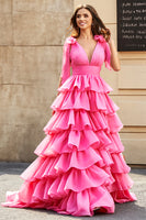 Laden Sie das Bild in den Galerie-Viewer, Prinzessin A-Linie V-Ausschnitt fuchsia gestuftes Ballkleid mit Schlitz