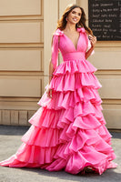 Laden Sie das Bild in den Galerie-Viewer, Prinzessin A-Linie V-Ausschnitt fuchsia gestuftes Ballkleid mit Schlitz