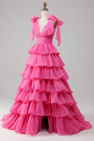 Laden Sie das Bild in den Galerie-Viewer, Prinzessin A-Linie V-Ausschnitt fuchsia Ballkleid mit Schlitz