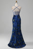 Laden Sie das Bild in den Galerie-Viewer, Königsblaues Meerjungfrauen Spaghettiträger Pailletten Ballkleid mit Schlitz