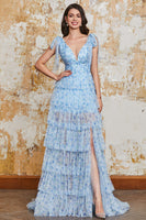 Laden Sie das Bild in den Galerie-Viewer, Prinzessin A Linie V-Ausschnitt Blaues langes Ballkleid mit Rüschen und schlitz