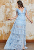 Laden Sie das Bild in den Galerie-Viewer, Prinzessin A Linie V-Ausschnitt Blaues langes Ballkleid mit Rüschen und schlitz