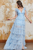 Laden Sie das Bild in den Galerie-Viewer, Prinzessin A Linie V-Ausschnitt Blaues langes Ballkleid mit Rüschen und schlitz