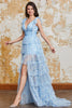 Laden Sie das Bild in den Galerie-Viewer, Prinzessin A Linie V-Ausschnitt Blaues langes Ballkleid mit Rüschen und schlitz