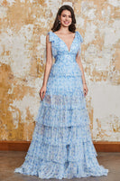 Laden Sie das Bild in den Galerie-Viewer, Prinzessin A Linie V-Ausschnitt Blaues langes Ballkleid mit Rüschen und schlitz