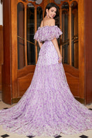 Laden Sie das Bild in den Galerie-Viewer, Wunderschönes schulterfreies flieder langes Ballkleid mit Rüschen