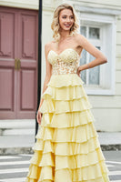 Laden Sie das Bild in den Galerie-Viewer, A-Linie Herzausschnitt Gelbes Korsett Ballkleid mit Applikationen und Rüschen