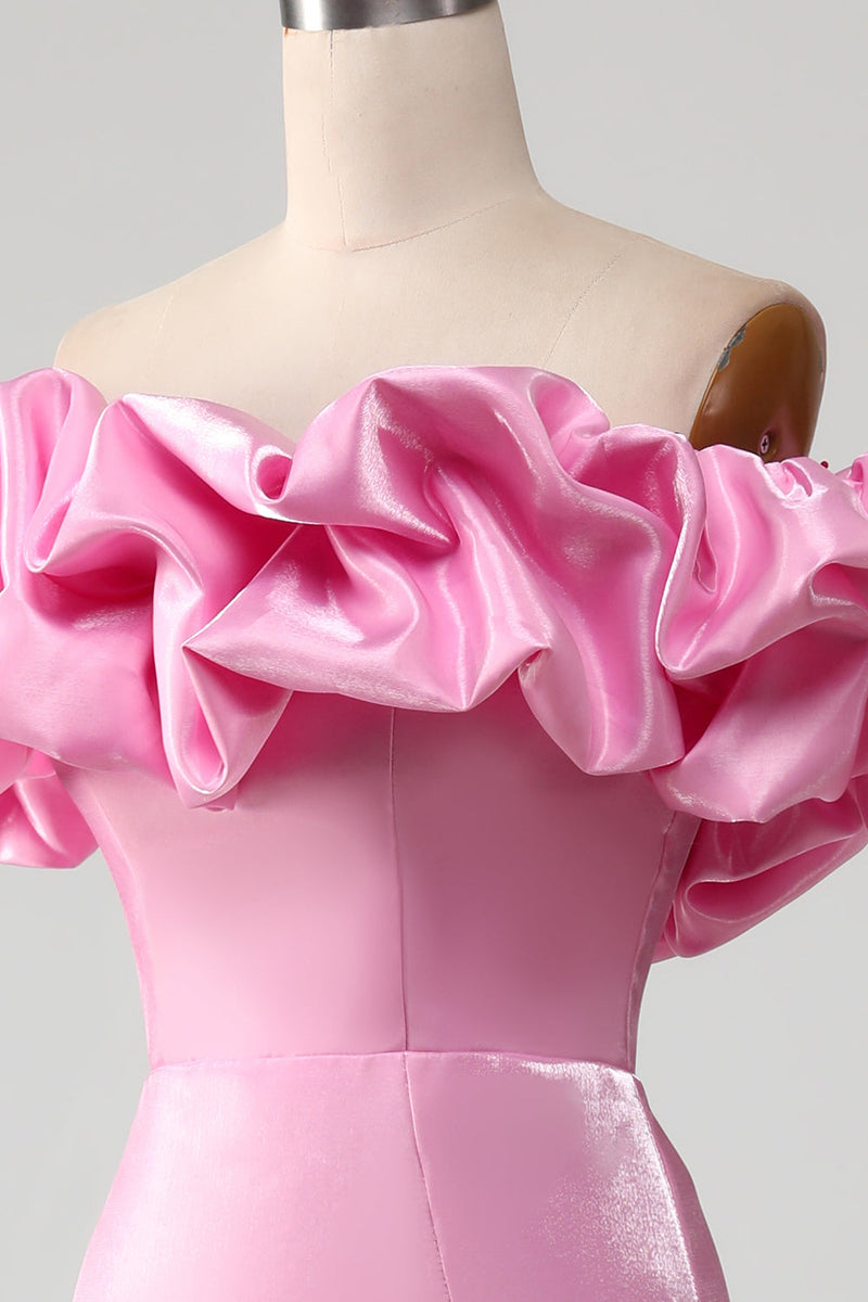 Laden Sie das Bild in den Galerie-Viewer, Meerjungfrau Schulterfreies rosa Ballkleid mit Rüschen