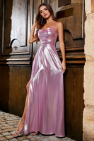 Laden Sie das Bild in den Galerie-Viewer, Funkelndes A Linie Spaghettiträger Rosa langes Ballkleid mit Schlitz