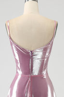 Laden Sie das Bild in den Galerie-Viewer, Langes A-Linie Spaghettiträger Rosa Ballkleid mit Schlitz