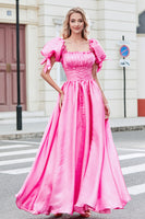 Laden Sie das Bild in den Galerie-Viewer, A Linie Rosa langes Ballkleid mit quadratischem Ausschnitt und Puffärmeln