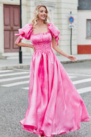 Laden Sie das Bild in den Galerie-Viewer, A Linie Rosa langes Ballkleid mit quadratischem Ausschnitt und Puffärmeln