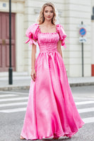 Laden Sie das Bild in den Galerie-Viewer, A Linie Rosa langes Ballkleid mit quadratischem Ausschnitt und Puffärmeln