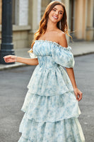 Laden Sie das Bild in den Galerie-Viewer, A Linie Hellblaues gestuftes geblümtes langes Ballkleid mit quadratischem Ausschnitt und Rüschen