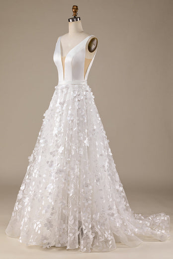 Elfenbein  A-Linie V-Ausschnitt Brautkleid mit 3D-Blumen