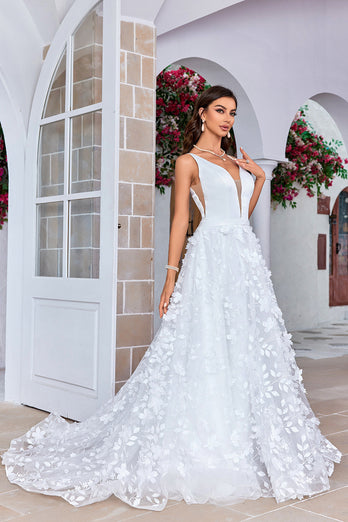 Wunderschönes A-Linie langes Brautkleid mit V-Ausschnitt und 3D-Blumen
