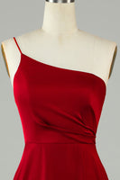 Laden Sie das Bild in den Galerie-Viewer, A-Linie Eine Schulter Burgunderrotes langes Brautjungfernkleid mit Rüschen