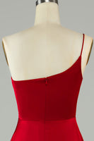 Laden Sie das Bild in den Galerie-Viewer, A-Linie Eine Schulter Burgunderrotes langes Brautjungfernkleid mit Rüschen