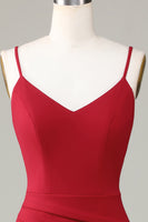 Laden Sie das Bild in den Galerie-Viewer, Spaghettiträger Ärmelloses Burgunderrotes Brautjungfernkleid mit Schlitz