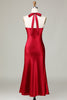 Laden Sie das Bild in den Galerie-Viewer, Neckholder ärmelloses burgunderrotes langes Brautjungfernkleid mit Schlitz