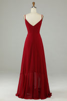 Laden Sie das Bild in den Galerie-Viewer, Chiffon Burgunder Spaghettiträger Langes Brautjungfernkleid mit Rüschen