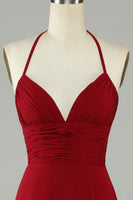 Laden Sie das Bild in den Galerie-Viewer, A-Linie Neckholder Burgunderrot Langes Brautjungfernkleid mit Schlitz