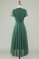 Laden Sie das Bild in den Galerie-Viewer, V-Ausschnitt Kurzarm Eukalyptus Brautjungfer Kleid mit Schleife