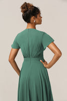 Laden Sie das Bild in den Galerie-Viewer, Chraming A Linie V-Ausschnitt Kurzärmel Eukalyptus Brautjungfernkleid mit Schleife