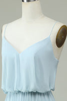 Laden Sie das Bild in den Galerie-Viewer, Chiffon Spaghetti Träger Himmelblau Langes Brautjungfernkleid