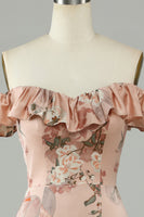 Laden Sie das Bild in den Galerie-Viewer, Blume bedruckt Schulterfreies Blush Langes Brautjungfernkleid mit Schlitz