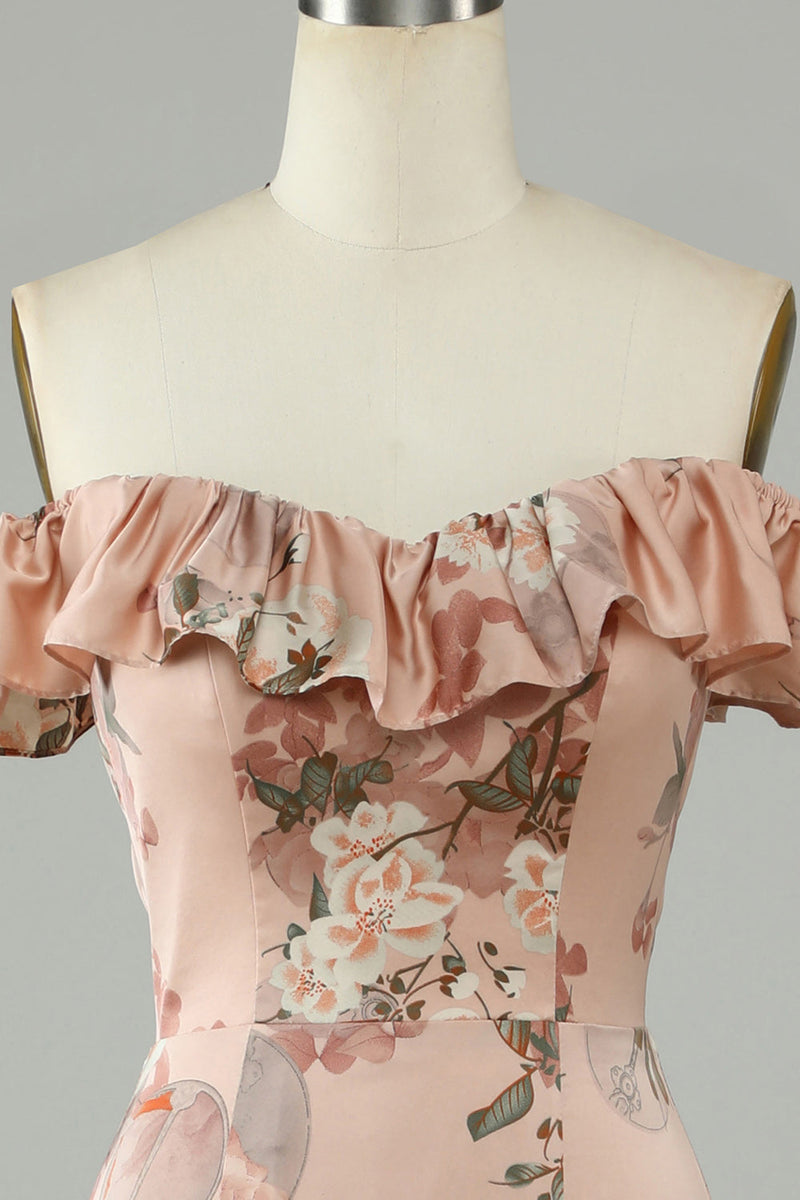 Laden Sie das Bild in den Galerie-Viewer, Blume bedruckt Schulterfreies Blush Langes Brautjungfernkleid mit Schlitz