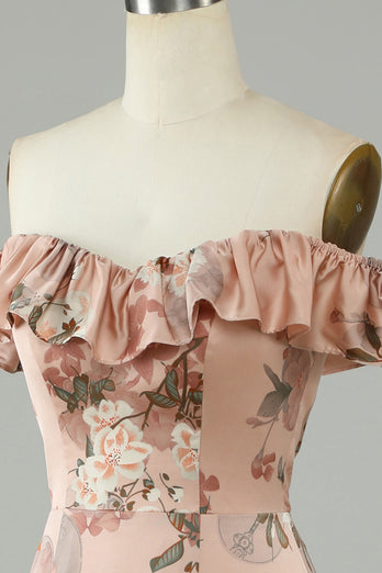 Blume bedruckt Schulterfreies Blush Langes Brautjungfernkleid mit Schlitz