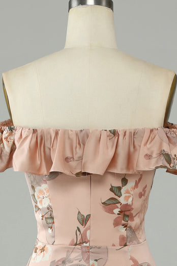 Blume bedruckt Schulterfreies Blush Langes Brautjungfernkleid mit Schlitz