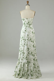 Asymmetrisches trägerloses bedrucktes grünes langes Brautjungfernkleid