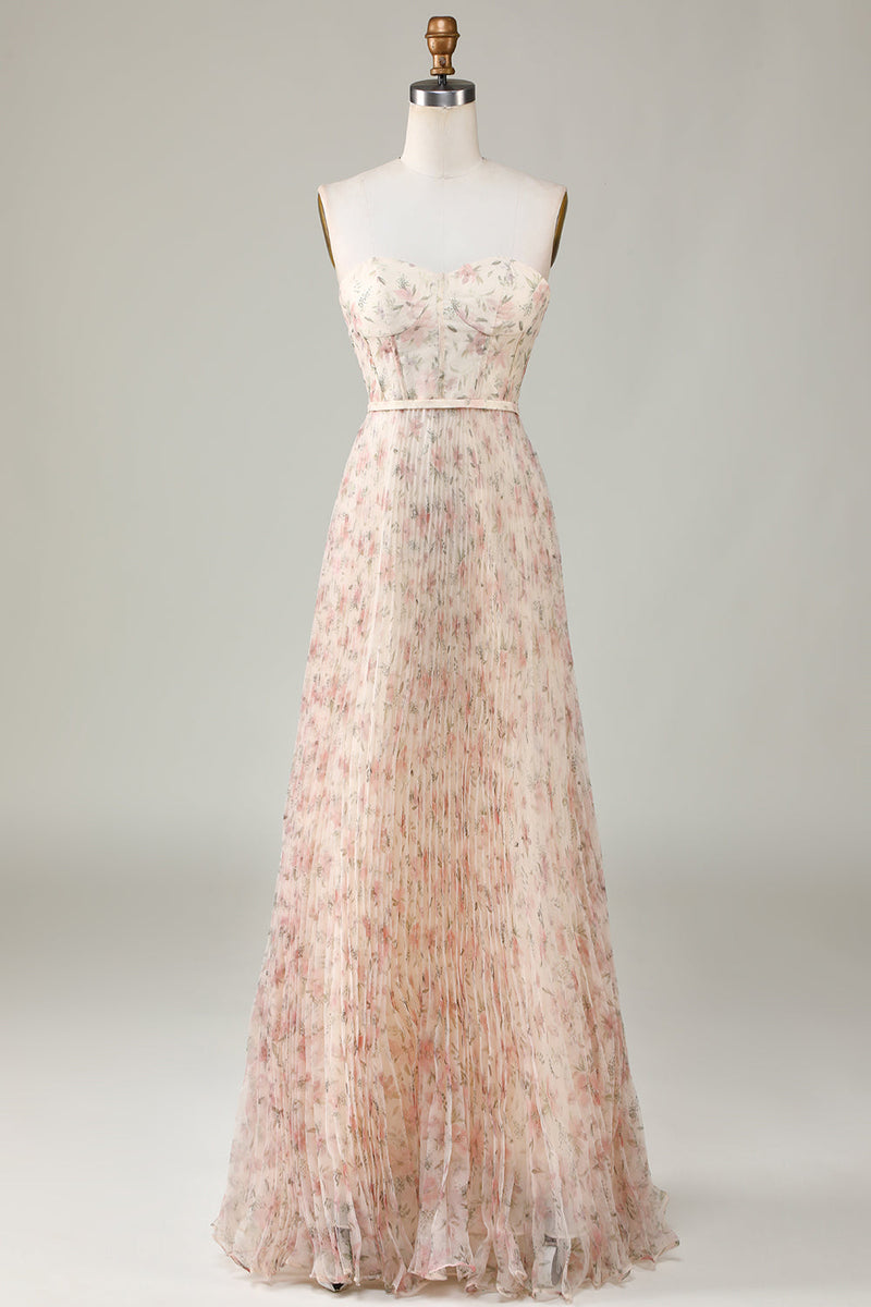 Laden Sie das Bild in den Galerie-Viewer, A-Linie Herzausschnitt Champagner Blume Brautjungfer Kleid