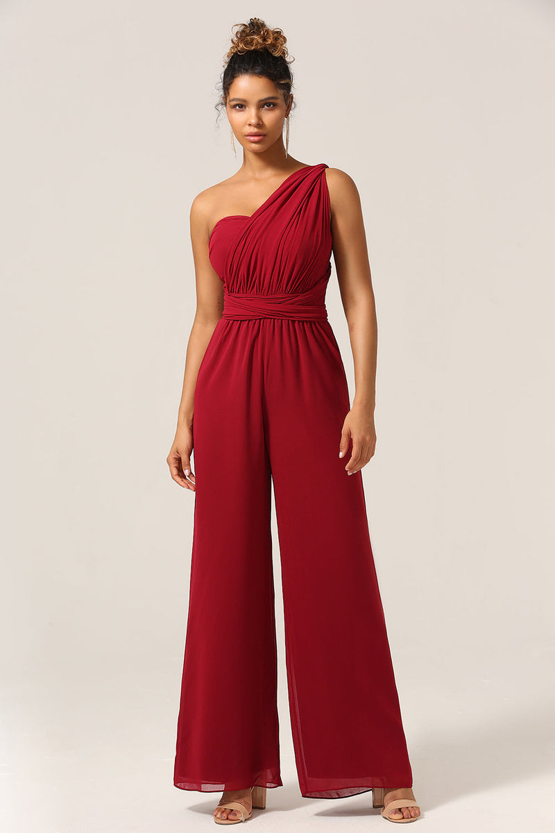 Laden Sie das Bild in den Galerie-Viewer, Burgunderroter Chiffon Cabrio Brautjungfern Jumpsuits