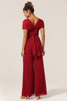 Laden Sie das Bild in den Galerie-Viewer, Burgunderroter Chiffon Cabrio Brautjungfern Jumpsuits