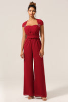 Laden Sie das Bild in den Galerie-Viewer, Burgunderroter Chiffon Cabrio Brautjungfern Jumpsuits