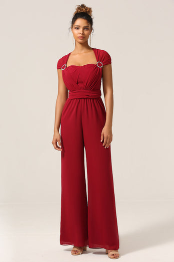 Burgunderroter Chiffon Cabrio Brautjungfern Jumpsuits