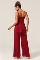 Laden Sie das Bild in den Galerie-Viewer, Burgunderroter Chiffon Cabrio Brautjungfern Jumpsuits