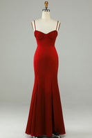 Laden Sie das Bild in den Galerie-Viewer, Meerjungfrau Spaghettiträger Burgunderrot Langes Brautjungfernkleid mit Schlitz