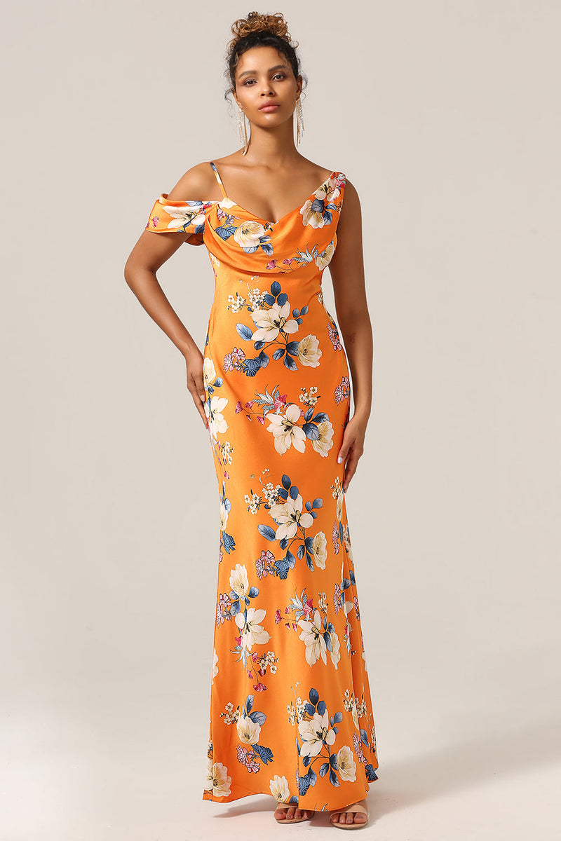 Laden Sie das Bild in den Galerie-Viewer, Trendiges Meerjungfrauen orange Brautjungfernkleid mit einer Schulter und Blume